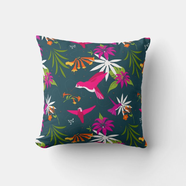 Hummingbirds and Tropical Flowers Cushion (Front)