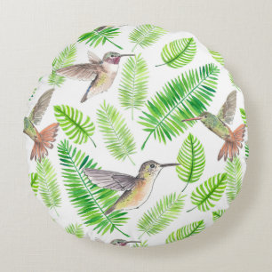 Hummingbirds and tropical leaves round cushion