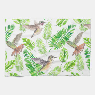 Hummingbirds and tropical leaves tea towel