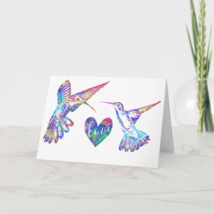 Hummingbirds and Watercolor Love Heart Wedding Card