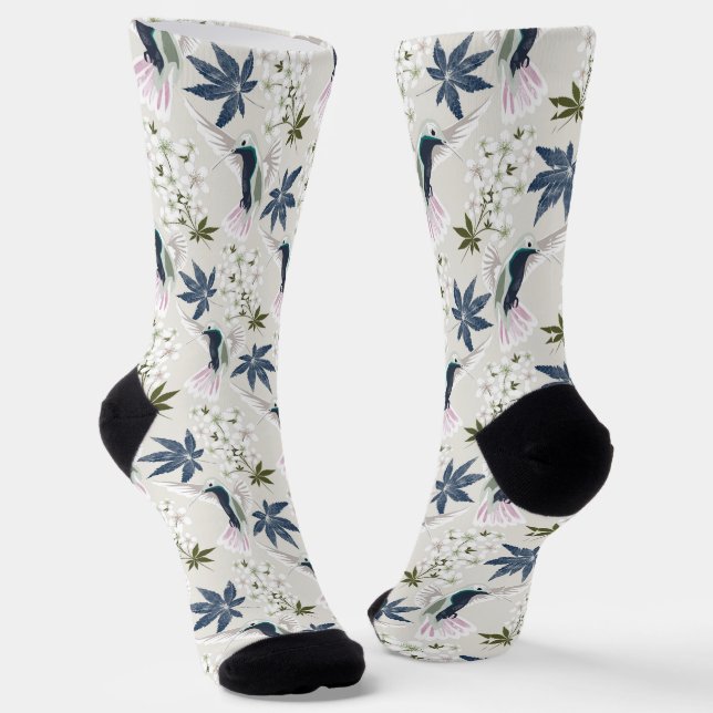 Hummingbirds and white flowers. socks (Angled)