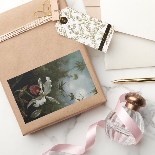 Hummingbirds and White Orchid by Martin J. Heade Rectangular Sticker (Gifting)
