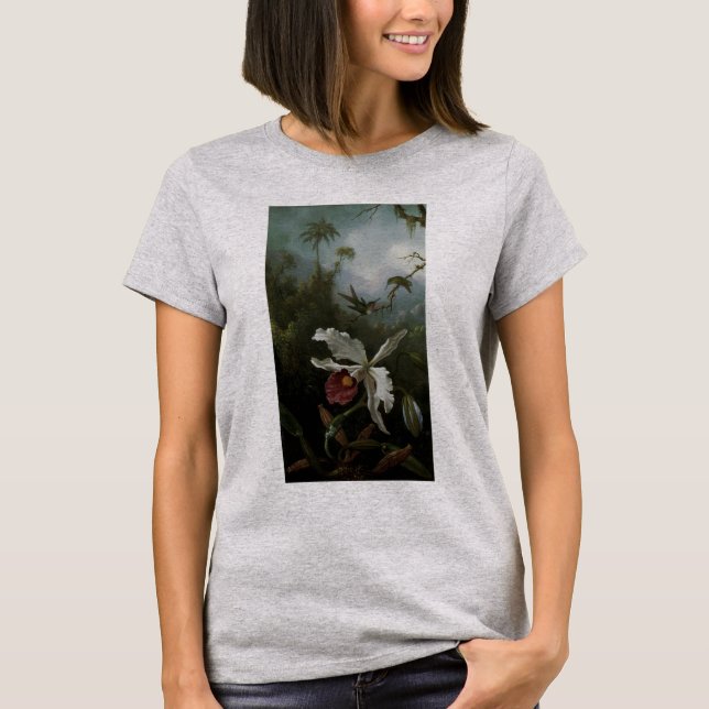 Hummingbirds and White Orchid by Martin J. Heade T-Shirt (Front)