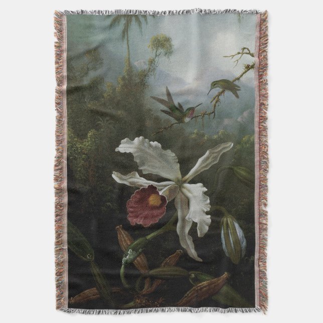Hummingbirds and White Orchid by Martin J. Heade Throw Blanket (Front Vertical)
