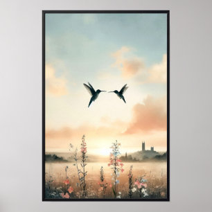 Hummingbirds and Wildflowers With Optional Frame Poster