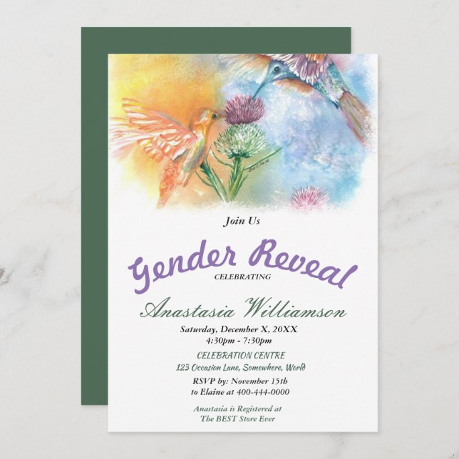 HUMMINGBIRDS BABY GENDER REVEAL PARTY INVITATION (Front/Back)