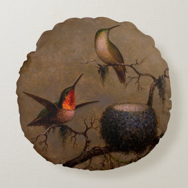 Hummingbirds bird nest victorian heade painting round cushion (Front)