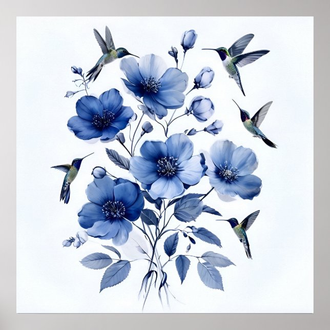 Hummingbirds Blue And White Elegant Floral Art Poster (Front)
