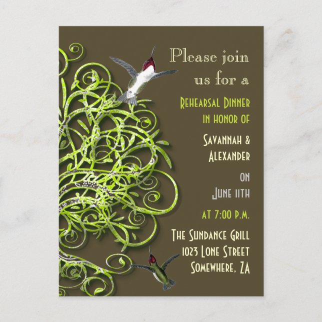 Hummingbirds Enchanted Tree Rehearsal Dinner Invitation Postcard (Front)