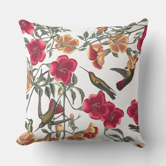 Hummingbirds Floral Audubon Flowers Throw Pillow (Front)