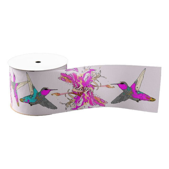 Hummingbirds Floral Pink Flowers Grosgrain Ribbon (Spool)