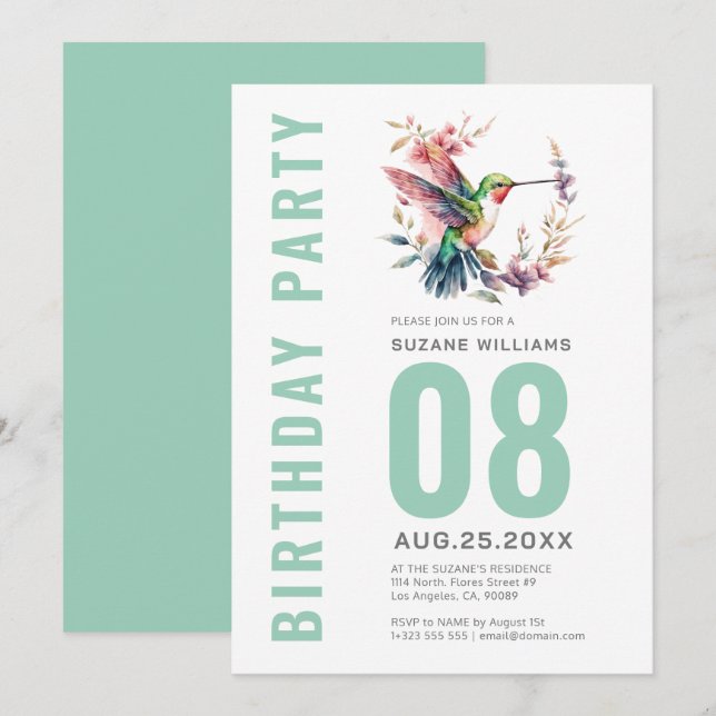 Hummingbirds Floral Wreath Bithday Party Invitation (Front/Back)