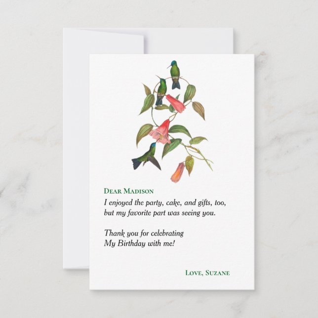 Hummingbirds Floral Wreath Bithday Party Thank You Card (Front)