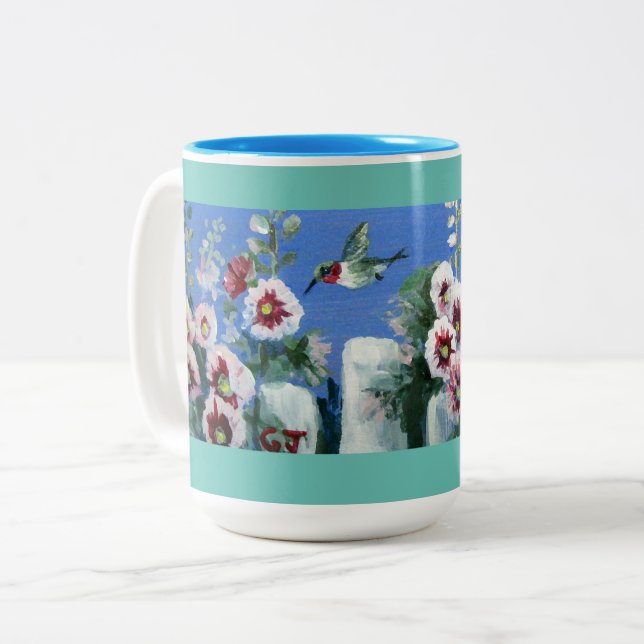  HUMMINGBIRDS FLOWERS FENCE Two-Tone COFFEE MUG (Front Left)
