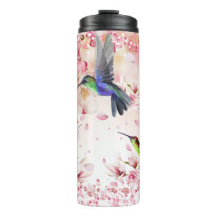 Hummingbirds Flowers Pink Glitter Thermal Tumbler