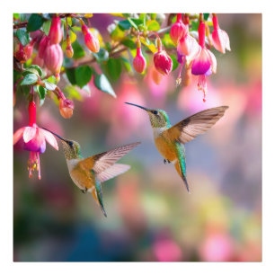 Hummingbirds Fuchsia Flowers Iridescent Dance Photo Print