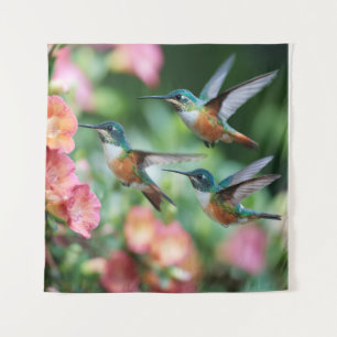 Hummingbirds Fuchsia Flowers Iridescent Trio Tapestry