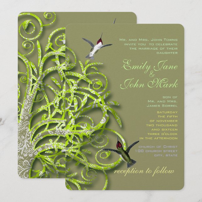 Hummingbirds Golden Lime Tree Wedding Invitation (Front/Back)
