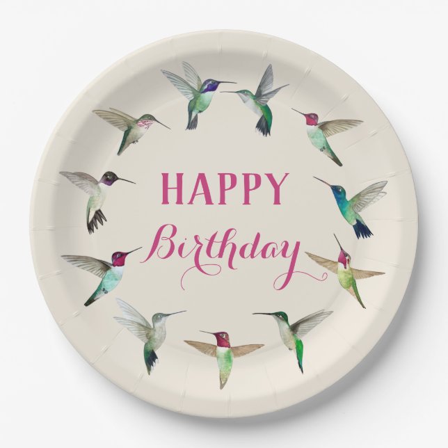 Hummingbirds Happy Birthday Paper Plates (Front)