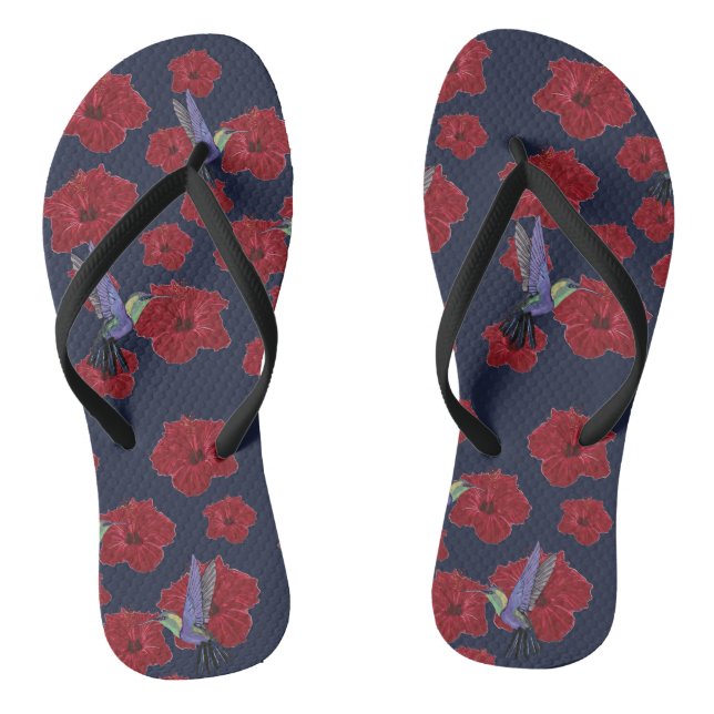 Hummingbirds Hibiscus Floral Art Flip Flops (Footbed)