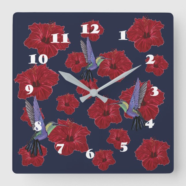 Hummingbirds Hibiscus Floral Art Square Wall Clock (Front)