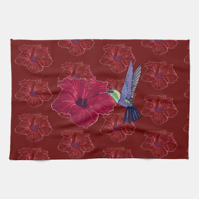 Hummingbirds Hibiscus Floral Art Tea Towel (Horizontal)