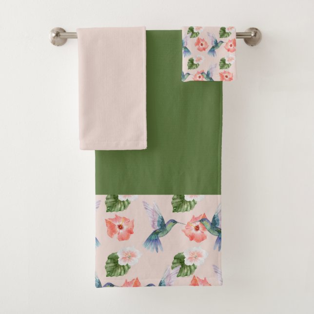 Hummingbirds Hibiscus Green Pink Red Bath Towel Set (Insitu)