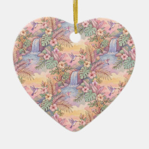 Hummingbirds Hibiscus Waterfall Cheerful Ceramic Tree Decoration