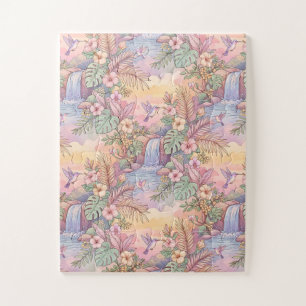 Hummingbirds Hibiscus Waterfall Cheerful Jigsaw Puzzle