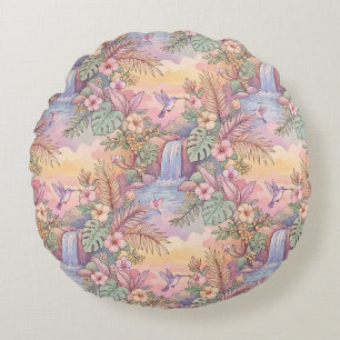Hummingbirds Hibiscus Waterfall Cheerful Round Cushion