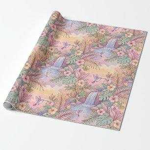 Hummingbirds Hibiscus Waterfall Cheerful Wrapping Paper