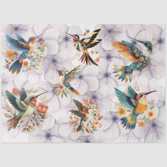 Hummingbirds In Flight on Floral Background Tissue Paper (Front)