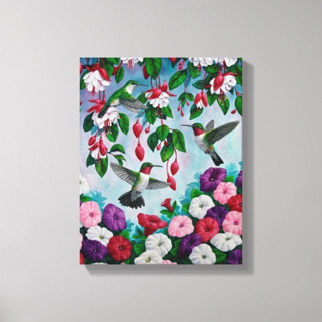 Hummingbirds in Fuchsia Flower Garden Canvas Print (Front)