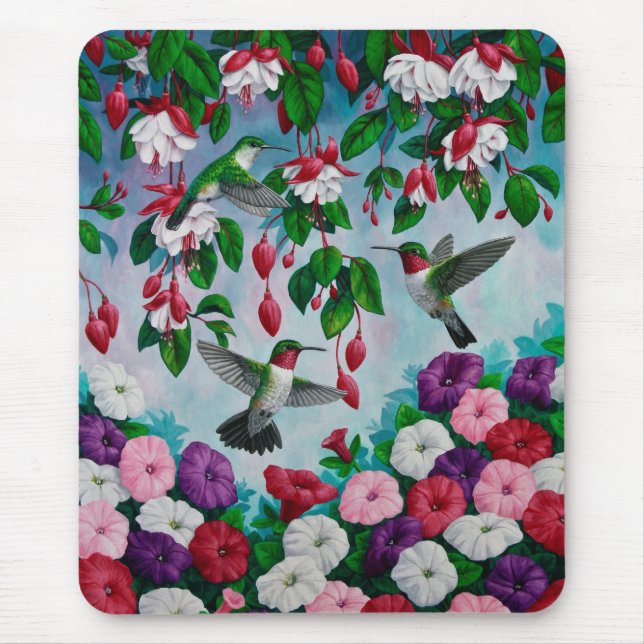 Hummingbirds in Fuchsia Flower Garden Mouse Mat (Front)