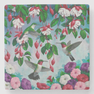 Hummingbirds in Fuchsia Flower Garden Stone Coaster