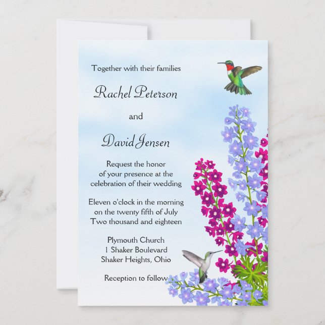 Hummingbirds in Garden Flowers Wedding Invitation (Back)