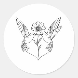 Hummingbirds in Heart Shape with Flower Line Art Classic Round Sticker
