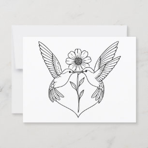 Hummingbirds in Heart Shape with Flower Line Art Postcard
