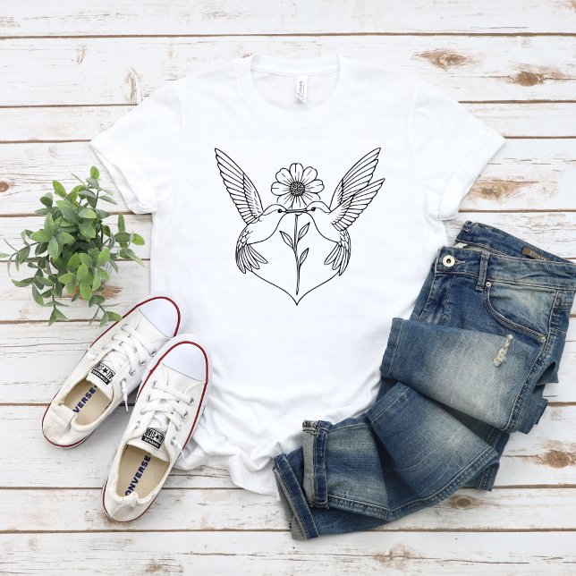 Hummingbirds in Heart Shape with Flower Line Art T-Shirt (Creator Uploaded)