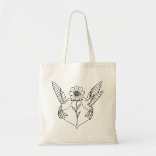 Hummingbirds in Heart Shape with Flower Line Art Tote Bag