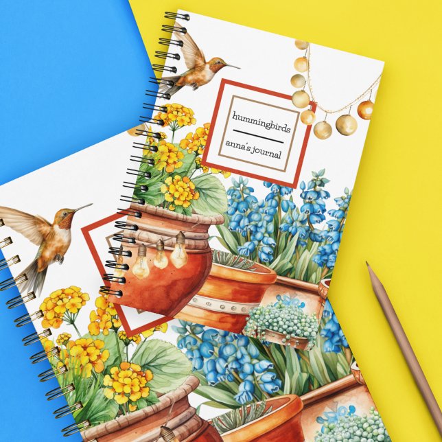 Hummingbirds in the Garden | Potted Plants Flowers Notebook (Hummingbird with terracotta pots and plants and flowers on a gratitude journal you customize.)