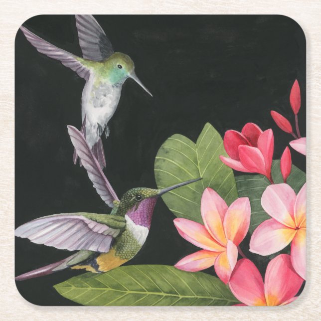 Hummingbirds In the Plumeria Square Paper Coaster (Front)