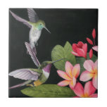 Hummingbirds In the Plumeria Tile<br><div class="desc">In the Plumeria I by Grace Popp. Two hummingbirds flutter around tropical pink flowers. | 140388GG</div>