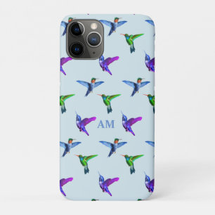 Hummingbirds on Light Turquoise Blue & Monogram iPhone 11 Pro Case