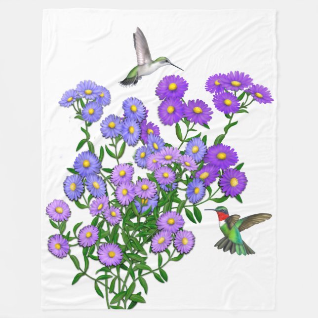 Hummingbirds on Purple Flowers Fleece Blanket (Front)