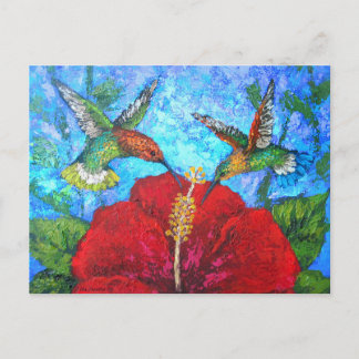 Hummingbirds On Red Hibiscus Painting Postcard