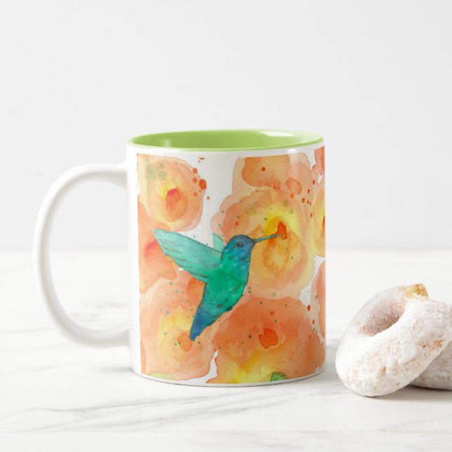 Hummingbirds Orange Hollyhock Flowers Two-Tone Coffee Mug (With Donut)