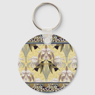 Hummingbirds,Orchids,Maidenhair Ferns Art Nouveau Key Ring