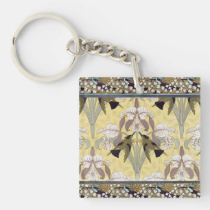 Hummingbirds,Orchids,Maidenhair Ferns Art Nouveau Key Ring