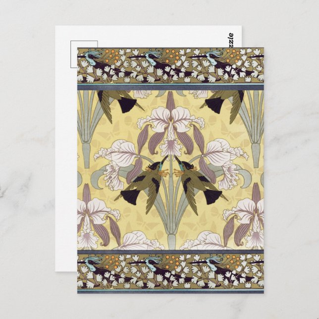 Hummingbirds,Orchids,Maidenhair Ferns Art Nouveau Postcard (Front/Back)